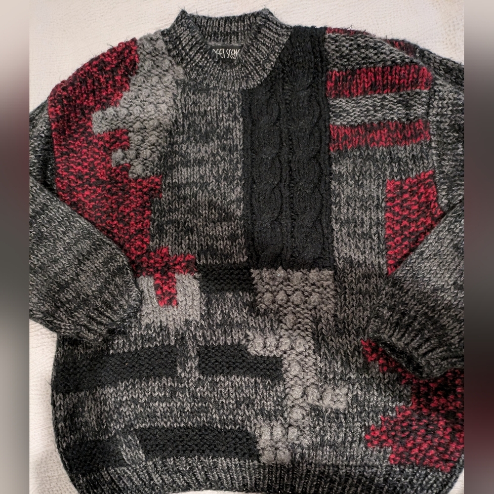 Chunky Knit Vintage 80s Street Scene Sweater Men's Size Medium Eclectic Grandpa
